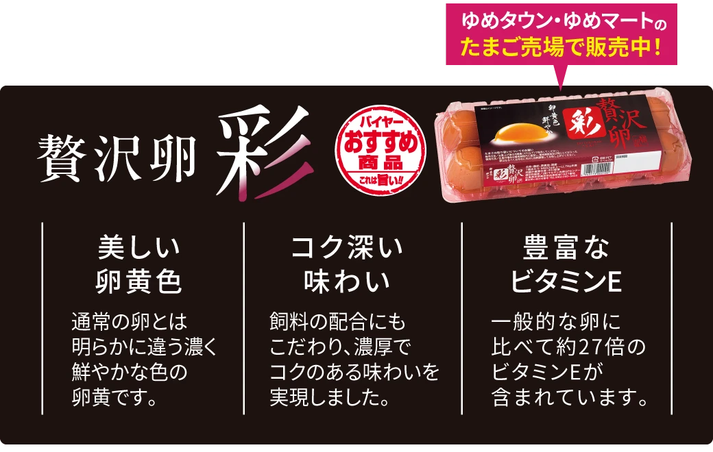 贅沢卵 彩 バイヤーおすすめ商品　これは旨い！　ゆめタウン・ゆめマートのたまご売場で販売中！　美しい
卵黄色　通常の卵とは明らかに違う濃く鮮やかな色の卵黄です。コク深い味わい　飼料の配合にもこだわり、濃厚でコクのある味わいを実現しました。　豊富なビタミンE　一般的な卵に比べて約27倍のビタミンEが含まれています。
