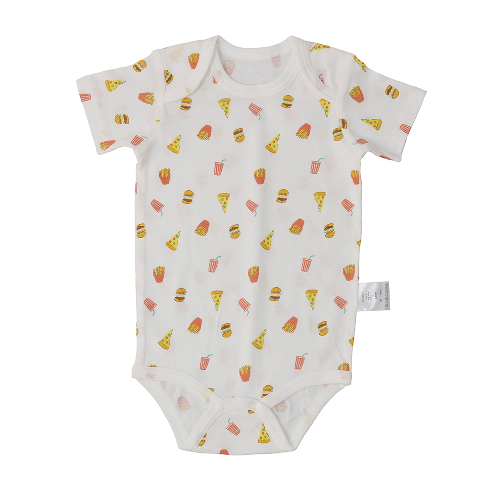 ベビー 綿100%フライス 総柄&ワンポイント 2枚組半袖ボディスーツ