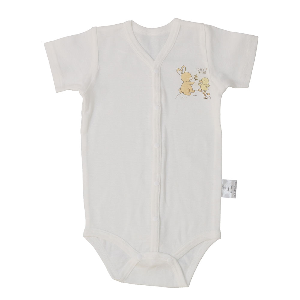 ベビー 綿100%フライス 総柄&ワンポイント 2枚組前開き半袖ボディスーツ