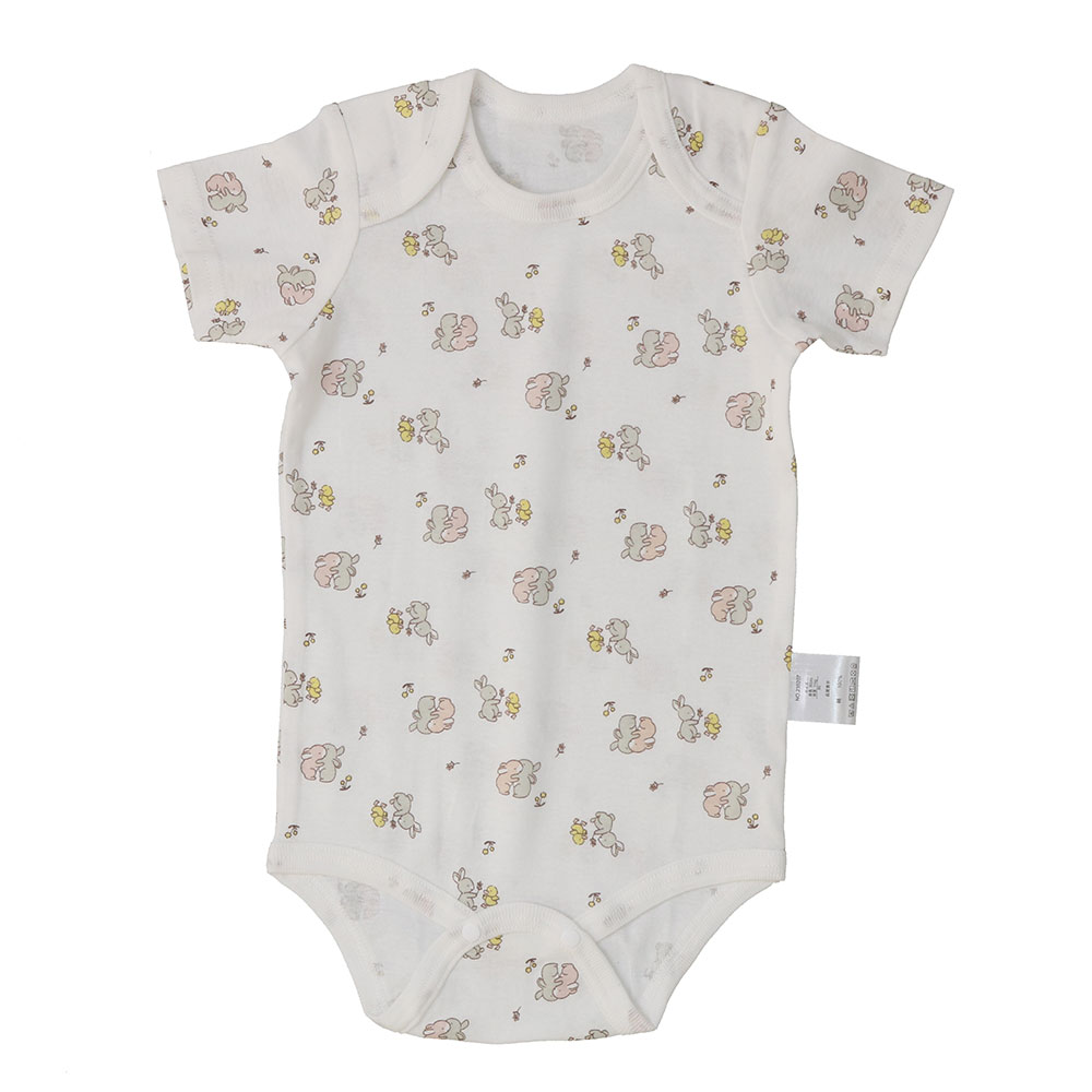 ベビー 綿100%フライス 総柄&ワンポイント 2枚組半袖ボディスーツ