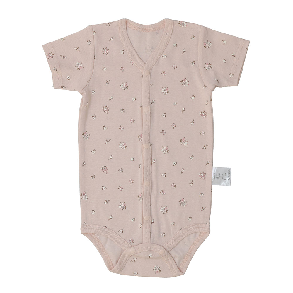 ベビー 綿100%フライス 総柄&ワンポイント 2枚組前開き半袖ボディスーツ