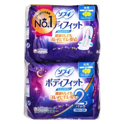 ユニ・チャーム　ソフィ　ボディフィット　スーパーナイトガード　夜用　29cm　羽つき　9個入×2個パック