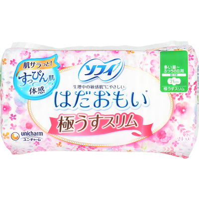 ユニ・チャーム　ソフィ　はだおもい　極うすスリム　多い昼用～ふつうの日用　21cm　羽つき　24個入