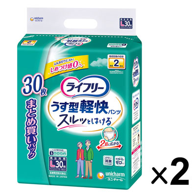 ユニ・チャーム ライフリー パンツタイプ うす型軽快パンツ 2回吸収 Lサイズ 30枚×2パック