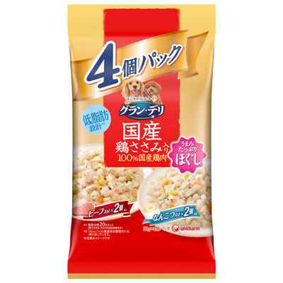 グラン・デリ 国産鶏ささみパウチほぐし成犬用4個パックビーフ・なんこつ80g×4個