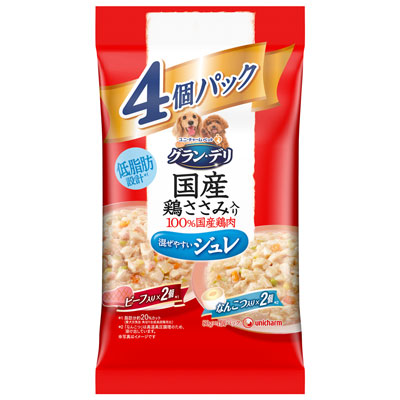 グラン・デリ 国産鶏ささみパウチジュレ成犬用4個パックビーフ・なんこつ80g×4個