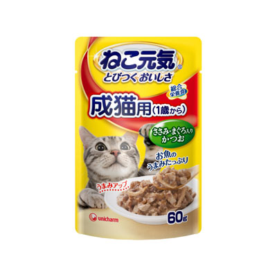 ねこ元気　総合栄養食パウチ成猫用(1歳から)ささみ･まぐろ入りかつお60g