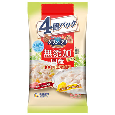 グラン・デリ 無添加仕立て国産パウチ成犬用ビーフ・ナチュラルチーズ入り70g×4個