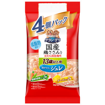グラン・デリ 国産鶏ささみパウチジュレ13歳以上用4個パック緑黄色野菜・チーズ80g×4個