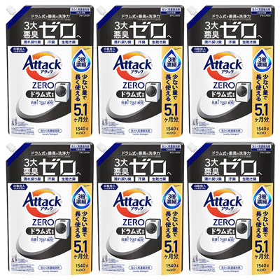 【ケース販売】花王　アタックZERO　ドラム式専用　つめかえ用　1540ｇ×6個（店頭受取の場合：薬品売場）