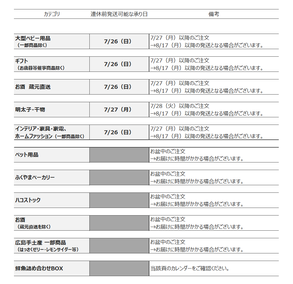 お盆期間中の配送について